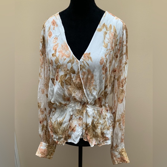 EVER NEW Fitted V-Neck Cross Over Floral Leaf Long Sleeve Blouse Women’s size 10 - Picture 12 of 13